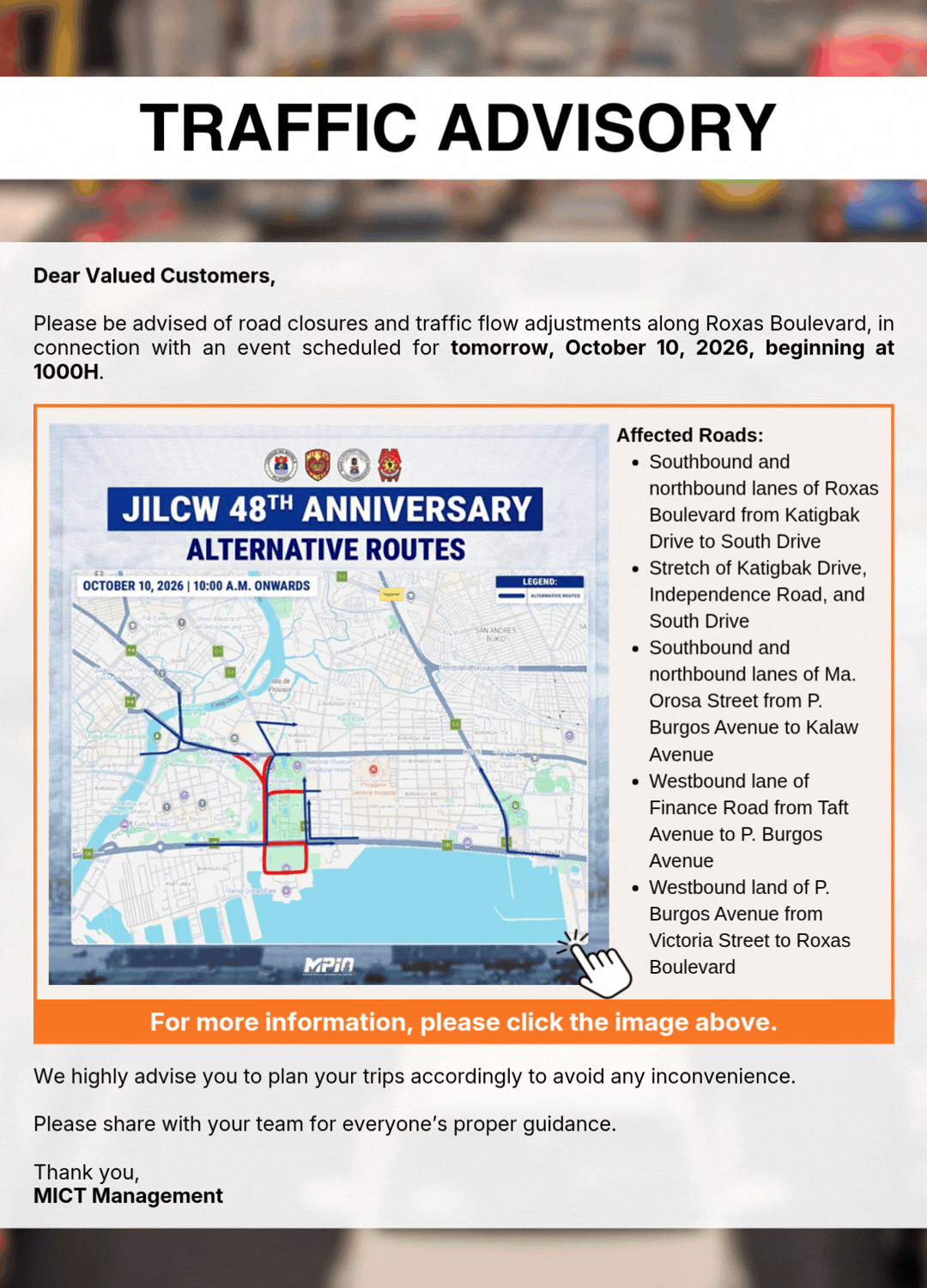 Advisory Traffic Advisory: Road Closures along Roxas Blvd tomorrow, October 10, 2026